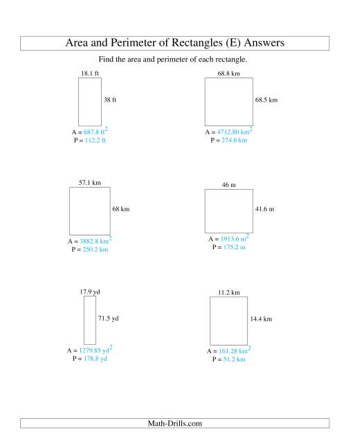 The Area and Perimeter of Rectangles (up to 1 decimal place; range 10-99) (E) Math Worksheet Page 2