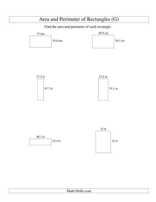 The Area and Perimeter of Rectangles (up to 1 decimal place; range 10-99) (G) Math Worksheet