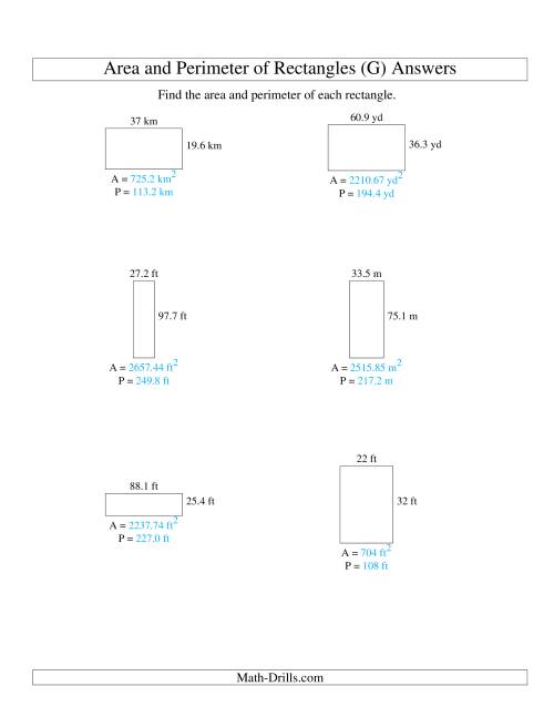 The Area and Perimeter of Rectangles (up to 1 decimal place; range 10-99) (G) Math Worksheet Page 2