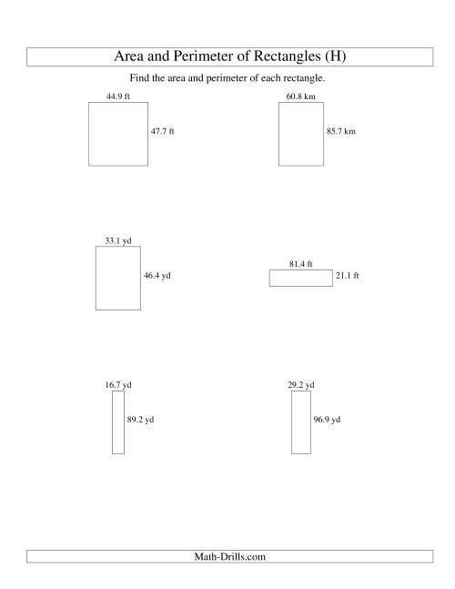 The Area and Perimeter of Rectangles (up to 1 decimal place; range 10-99) (H) Math Worksheet