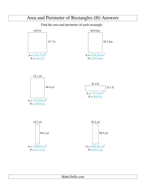 The Area and Perimeter of Rectangles (up to 1 decimal place; range 10-99) (H) Math Worksheet Page 2