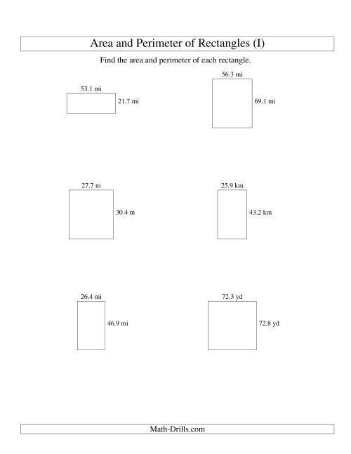 The Area and Perimeter of Rectangles (up to 1 decimal place; range 10-99) (I) Math Worksheet