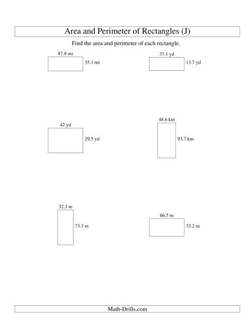 The Area and Perimeter of Rectangles (up to 1 decimal place; range 10-99) (J) Math Worksheet