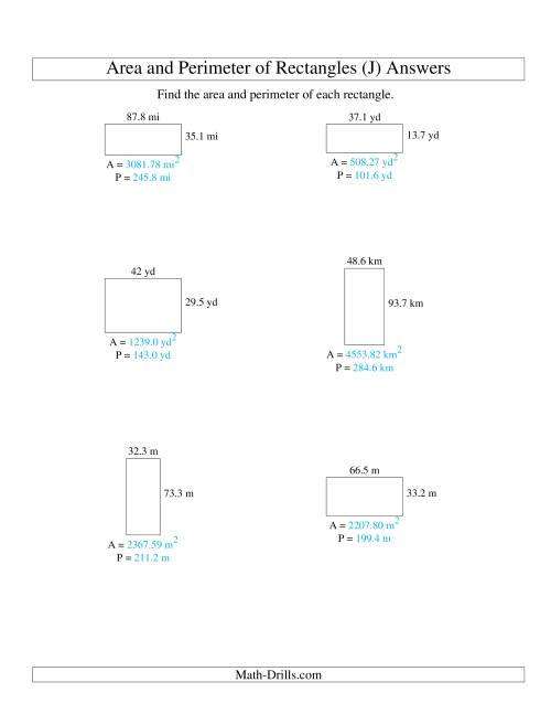 The Area and Perimeter of Rectangles (up to 1 decimal place; range 10-99) (J) Math Worksheet Page 2
