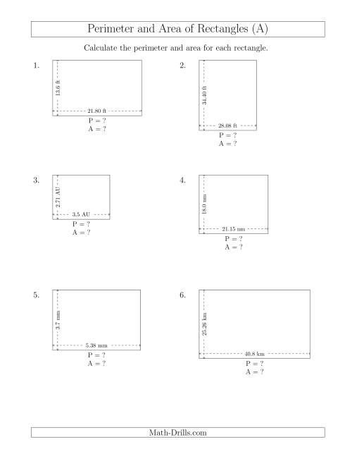 The Calculating the Perimeter and Area of Rectangles from Side Measurements (Decimal Numbers) (A) Math Worksheet