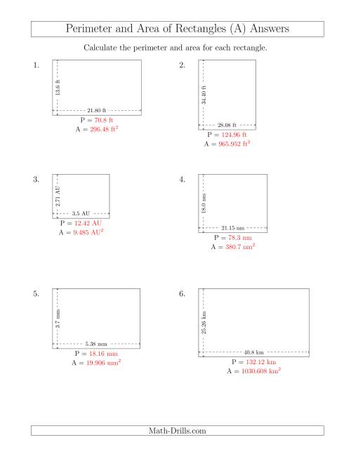 The Calculating the Perimeter and Area of Rectangles from Side Measurements (Decimal Numbers) (A) Math Worksheet Page 2