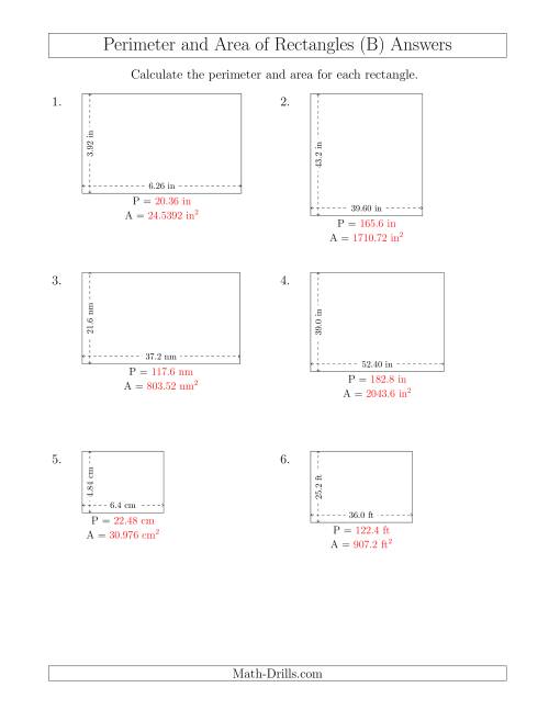 The Calculating the Perimeter and Area of Rectangles from Side Measurements (Decimal Numbers) (B) Math Worksheet Page 2