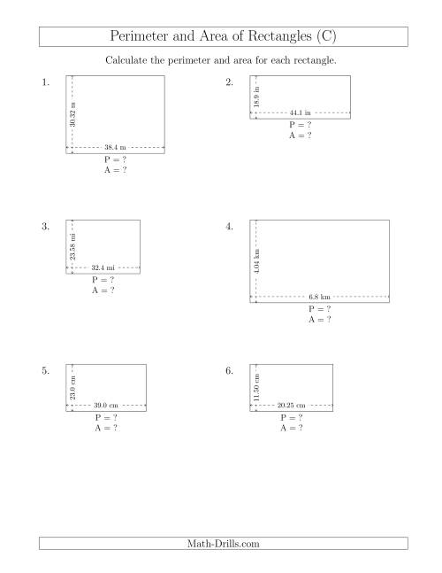 The Calculating the Perimeter and Area of Rectangles from Side Measurements (Decimal Numbers) (C) Math Worksheet