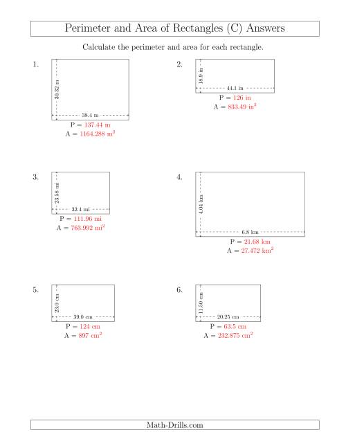 The Calculating the Perimeter and Area of Rectangles from Side Measurements (Decimal Numbers) (C) Math Worksheet Page 2