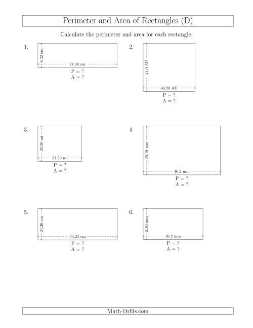 The Calculating the Perimeter and Area of Rectangles from Side Measurements (Decimal Numbers) (D) Math Worksheet
