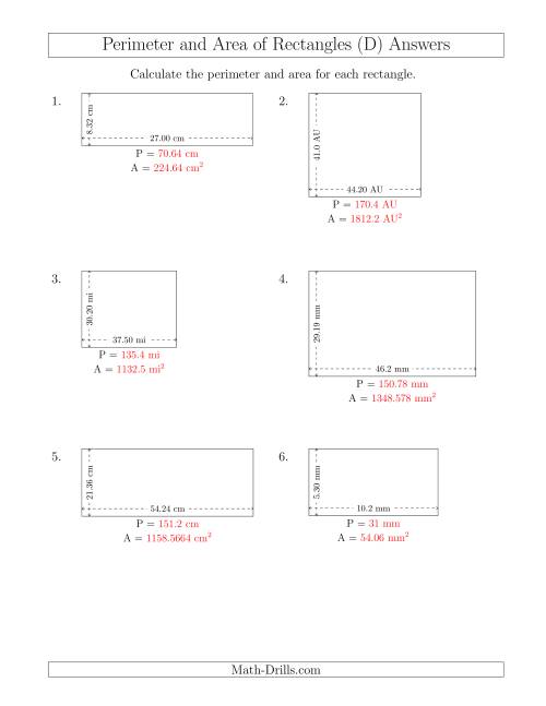The Calculating the Perimeter and Area of Rectangles from Side Measurements (Decimal Numbers) (D) Math Worksheet Page 2