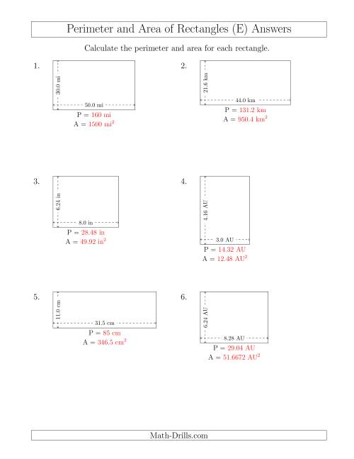 The Calculating the Perimeter and Area of Rectangles from Side Measurements (Decimal Numbers) (E) Math Worksheet Page 2
