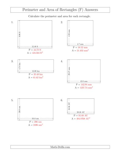 The Calculating the Perimeter and Area of Rectangles from Side Measurements (Decimal Numbers) (F) Math Worksheet Page 2