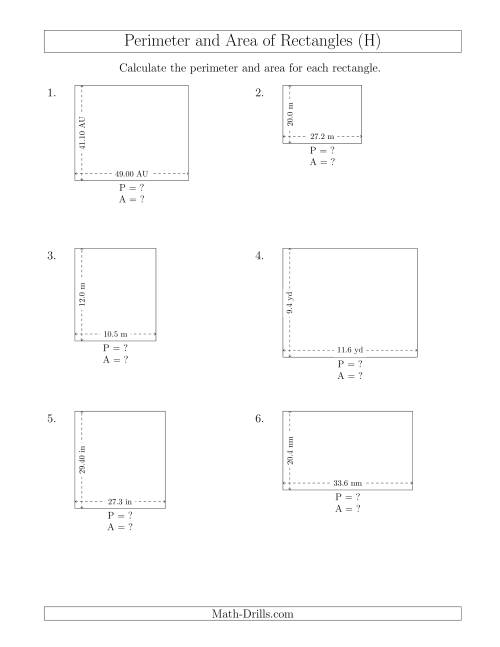 The Calculating the Perimeter and Area of Rectangles from Side Measurements (Decimal Numbers) (H) Math Worksheet