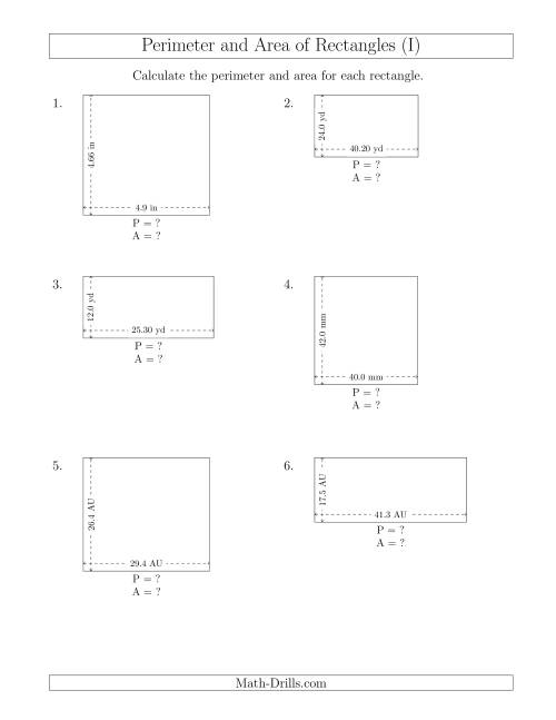 The Calculating the Perimeter and Area of Rectangles from Side Measurements (Decimal Numbers) (I) Math Worksheet