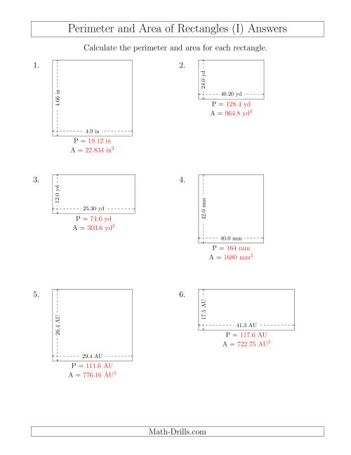 The Calculating the Perimeter and Area of Rectangles from Side Measurements (Decimal Numbers) (I) Math Worksheet Page 2
