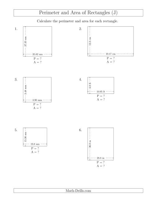The Calculating the Perimeter and Area of Rectangles from Side Measurements (Decimal Numbers) (J) Math Worksheet
