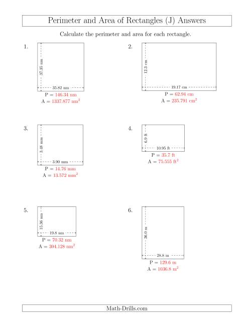 The Calculating the Perimeter and Area of Rectangles from Side Measurements (Decimal Numbers) (J) Math Worksheet Page 2