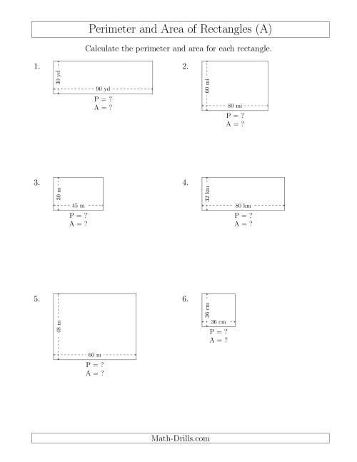 The Calculating the Perimeter and Area of Rectangles from Side Measurements (Larger Whole Numbers) (A) Math Worksheet