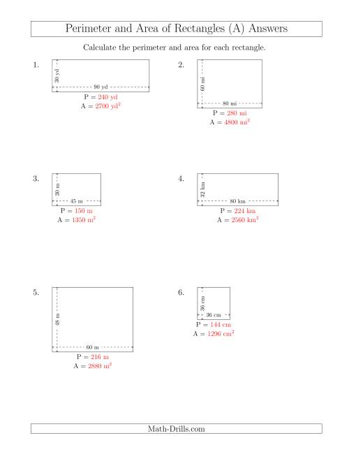 The Calculating the Perimeter and Area of Rectangles from Side Measurements (Larger Whole Numbers) (A) Math Worksheet Page 2
