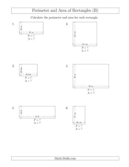 The Calculating the Perimeter and Area of Rectangles from Side Measurements (Larger Whole Numbers) (B) Math Worksheet