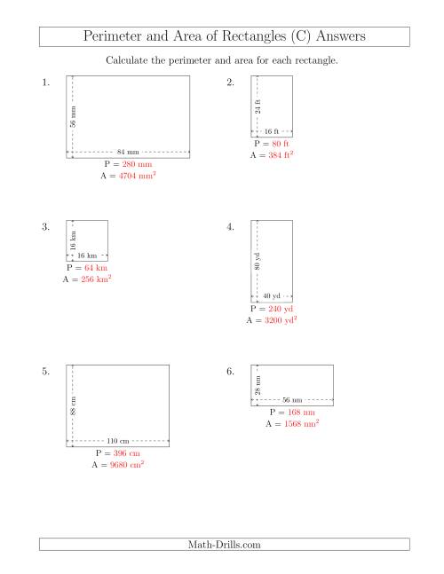 The Calculating the Perimeter and Area of Rectangles from Side Measurements (Larger Whole Numbers) (C) Math Worksheet Page 2