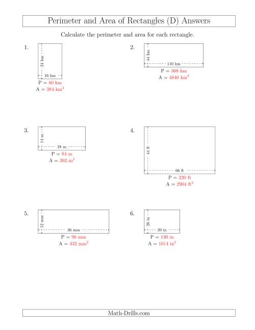 The Calculating the Perimeter and Area of Rectangles from Side Measurements (Larger Whole Numbers) (D) Math Worksheet Page 2