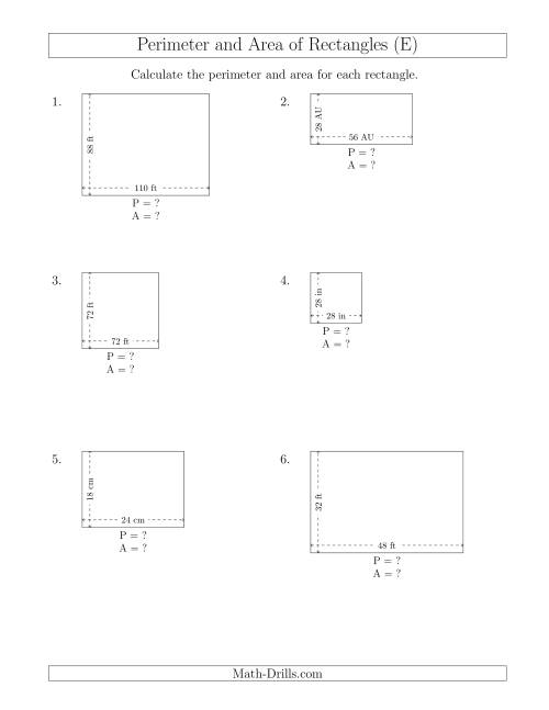 The Calculating the Perimeter and Area of Rectangles from Side Measurements (Larger Whole Numbers) (E) Math Worksheet