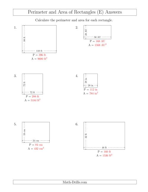 The Calculating the Perimeter and Area of Rectangles from Side Measurements (Larger Whole Numbers) (E) Math Worksheet Page 2