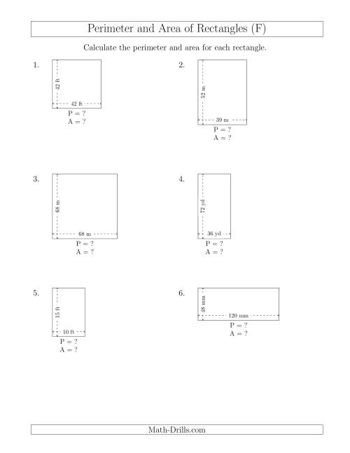 The Calculating the Perimeter and Area of Rectangles from Side Measurements (Larger Whole Numbers) (F) Math Worksheet
