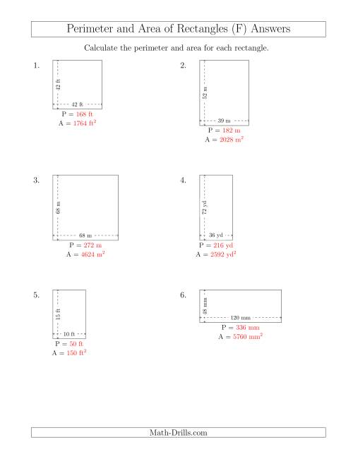 The Calculating the Perimeter and Area of Rectangles from Side Measurements (Larger Whole Numbers) (F) Math Worksheet Page 2