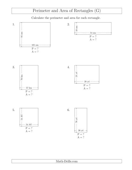 The Calculating the Perimeter and Area of Rectangles from Side Measurements (Larger Whole Numbers) (G) Math Worksheet