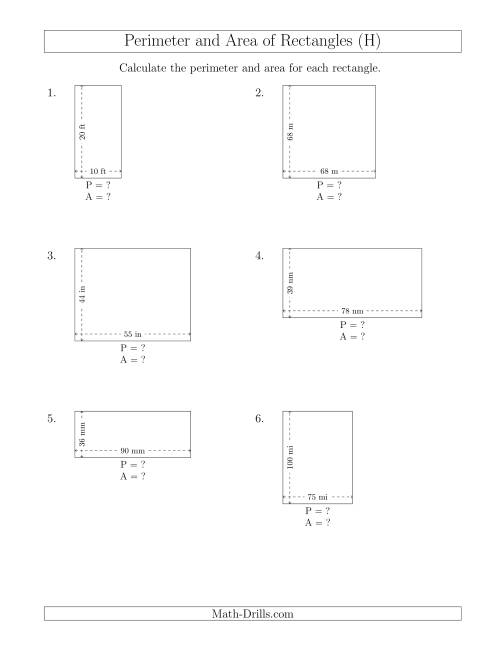 The Calculating the Perimeter and Area of Rectangles from Side Measurements (Larger Whole Numbers) (H) Math Worksheet