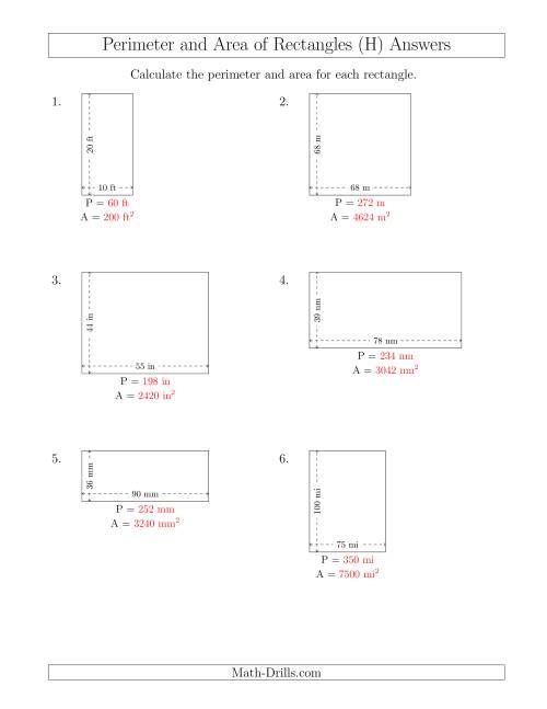 The Calculating the Perimeter and Area of Rectangles from Side Measurements (Larger Whole Numbers) (H) Math Worksheet Page 2