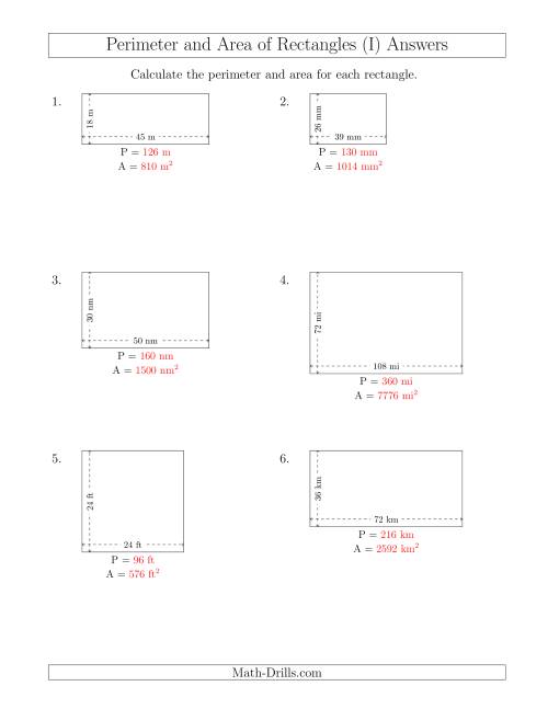 The Calculating the Perimeter and Area of Rectangles from Side Measurements (Larger Whole Numbers) (I) Math Worksheet Page 2