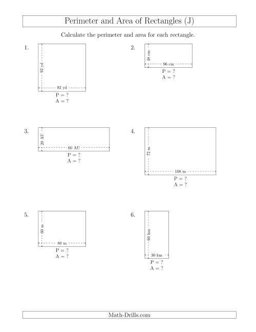 The Calculating the Perimeter and Area of Rectangles from Side Measurements (Larger Whole Numbers) (J) Math Worksheet