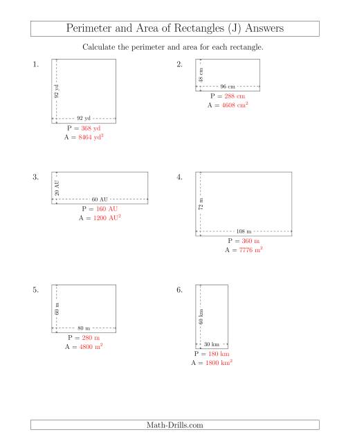 The Calculating the Perimeter and Area of Rectangles from Side Measurements (Larger Whole Numbers) (J) Math Worksheet Page 2