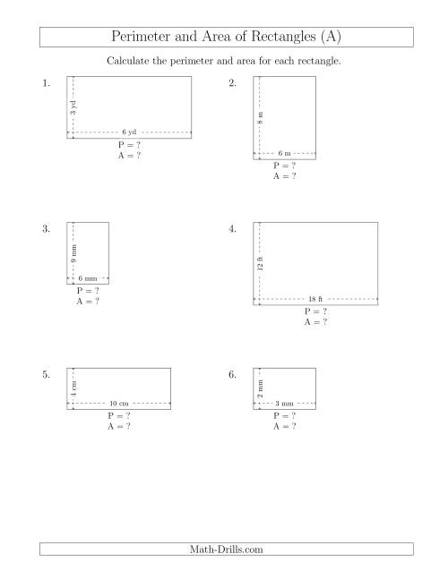 The Calculating the Perimeter and Area of Rectangles from Side Measurements (Smaller Whole Numbers) (A) Math Worksheet
