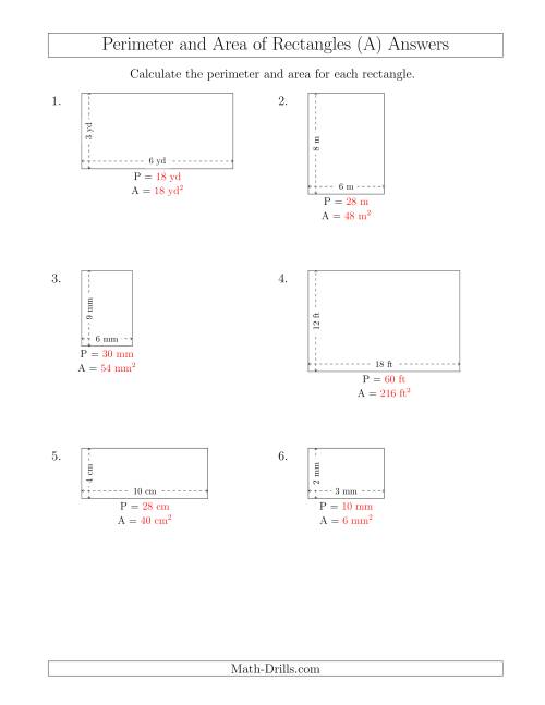 The Calculating the Perimeter and Area of Rectangles from Side Measurements (Smaller Whole Numbers) (A) Math Worksheet Page 2