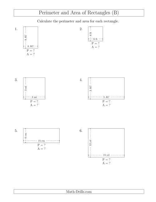 The Calculating the Perimeter and Area of Rectangles from Side Measurements (Smaller Whole Numbers) (B) Math Worksheet