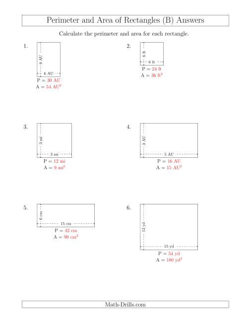 The Calculating the Perimeter and Area of Rectangles from Side Measurements (Smaller Whole Numbers) (B) Math Worksheet Page 2