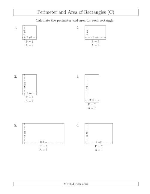 The Calculating the Perimeter and Area of Rectangles from Side Measurements (Smaller Whole Numbers) (C) Math Worksheet