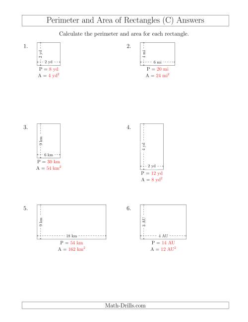 The Calculating the Perimeter and Area of Rectangles from Side Measurements (Smaller Whole Numbers) (C) Math Worksheet Page 2