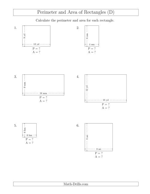The Calculating the Perimeter and Area of Rectangles from Side Measurements (Smaller Whole Numbers) (D) Math Worksheet