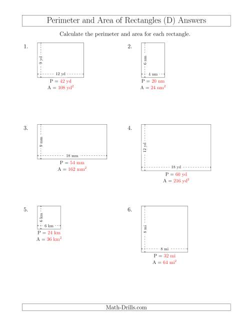 The Calculating the Perimeter and Area of Rectangles from Side Measurements (Smaller Whole Numbers) (D) Math Worksheet Page 2