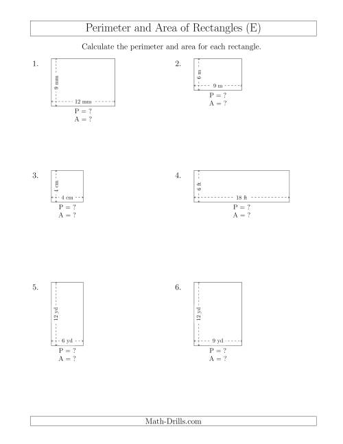 The Calculating the Perimeter and Area of Rectangles from Side Measurements (Smaller Whole Numbers) (E) Math Worksheet