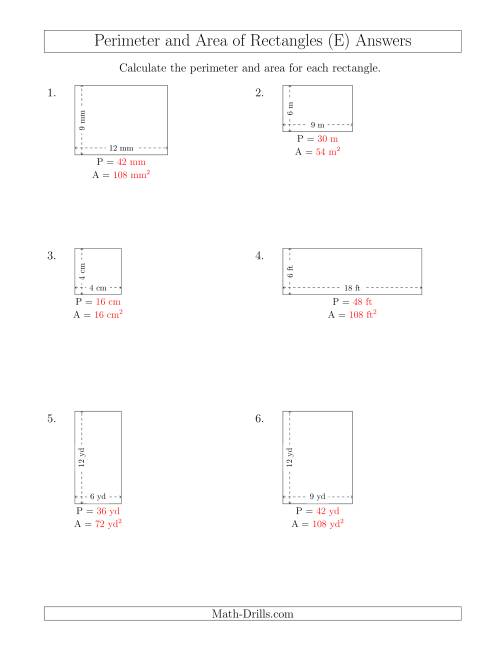 The Calculating the Perimeter and Area of Rectangles from Side Measurements (Smaller Whole Numbers) (E) Math Worksheet Page 2