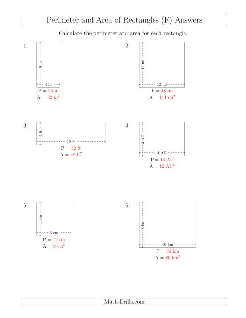 The Calculating the Perimeter and Area of Rectangles from Side Measurements (Smaller Whole Numbers) (F) Math Worksheet Page 2
