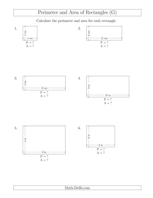 The Calculating the Perimeter and Area of Rectangles from Side Measurements (Smaller Whole Numbers) (G) Math Worksheet