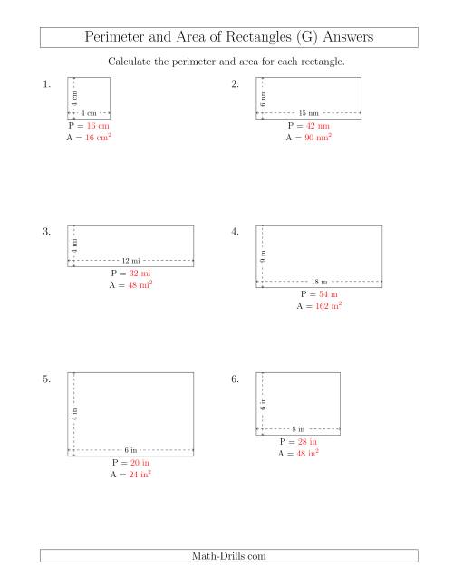 The Calculating the Perimeter and Area of Rectangles from Side Measurements (Smaller Whole Numbers) (G) Math Worksheet Page 2